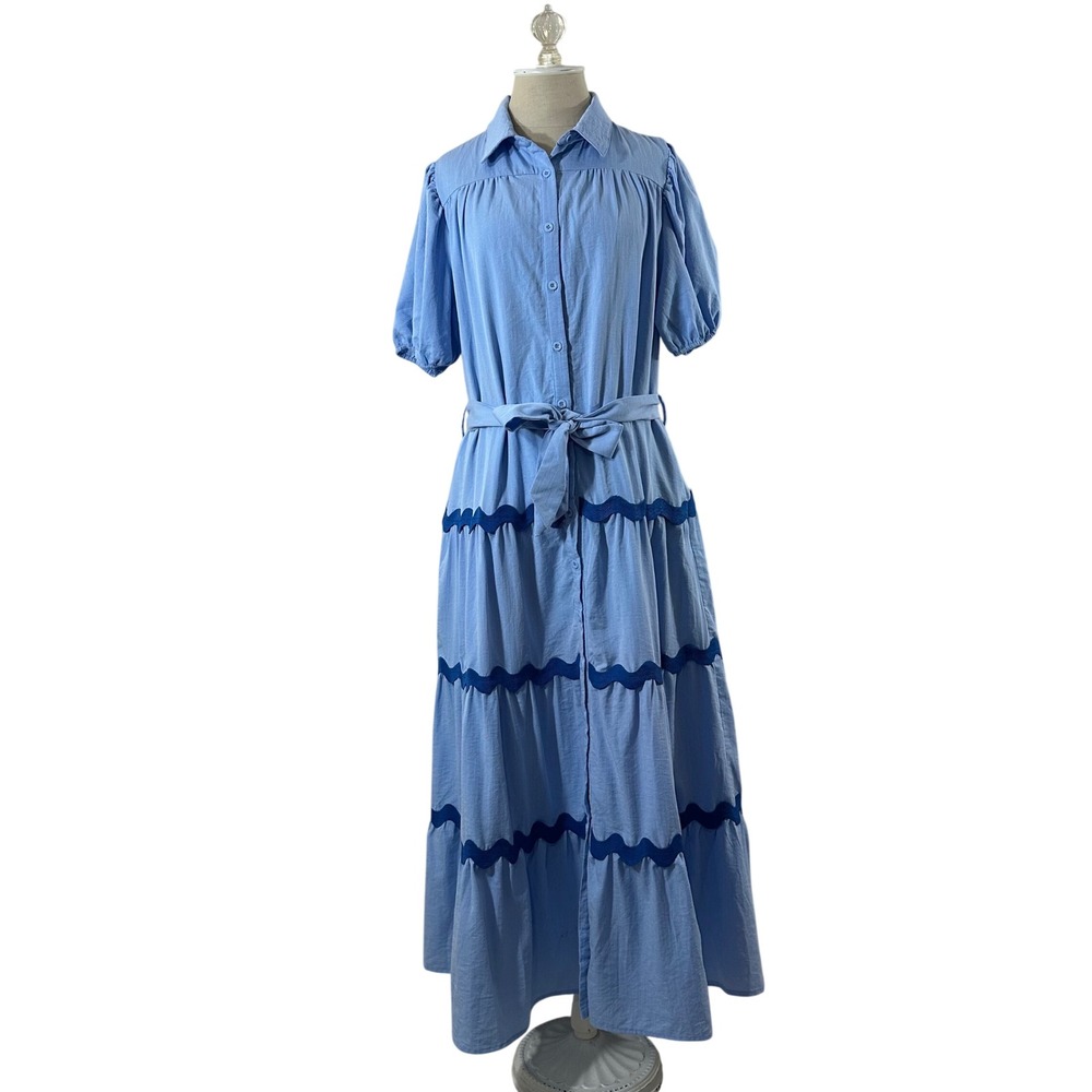 PrettyGarden Blue Ric Rac Tiered‎ Maxi Dress Short Puff Sleeve Button Front L